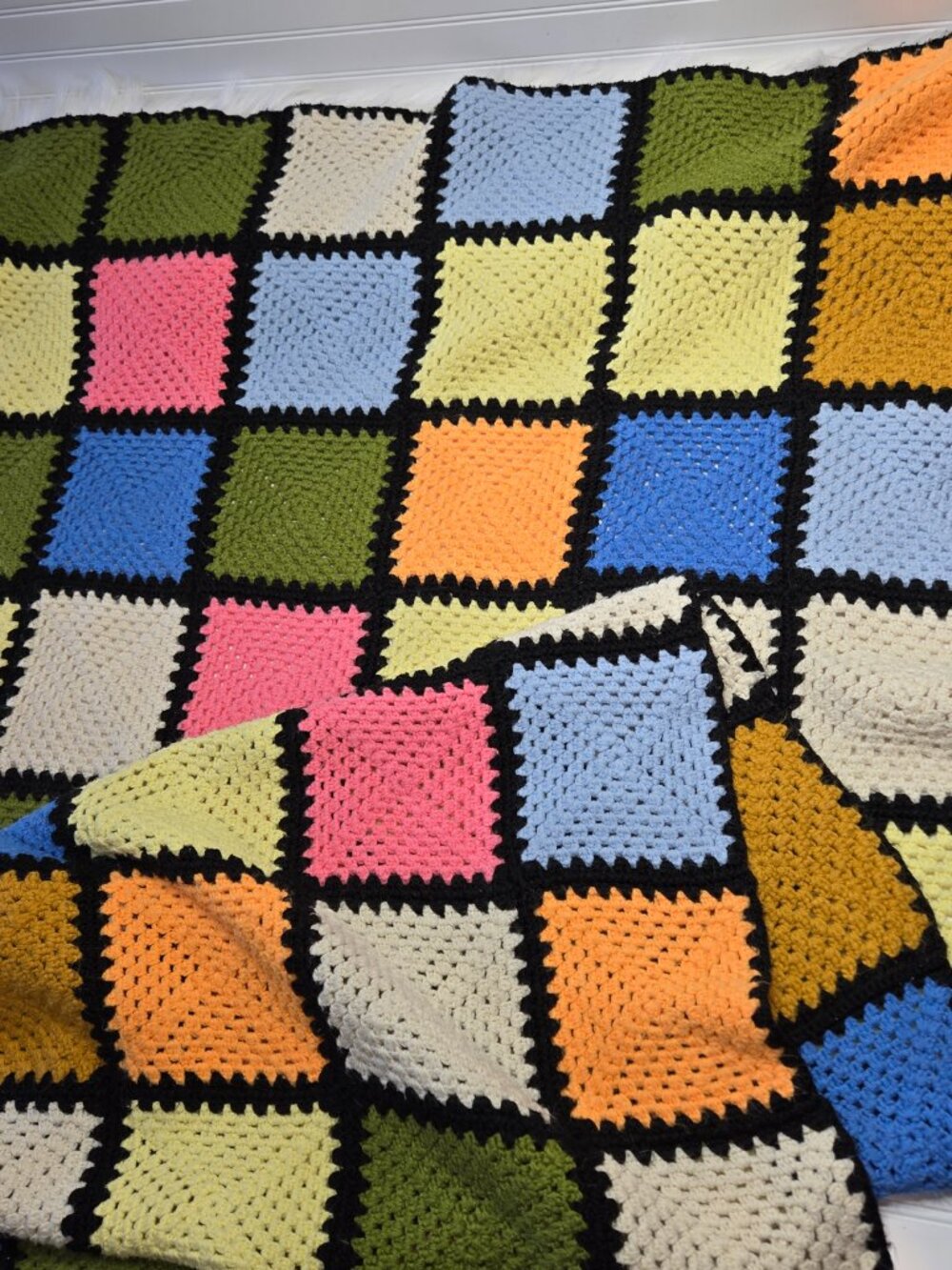 Handmade Granny Square Crochet Blanket Multicolor Afghan Cozy Throw 88" x 43.5"